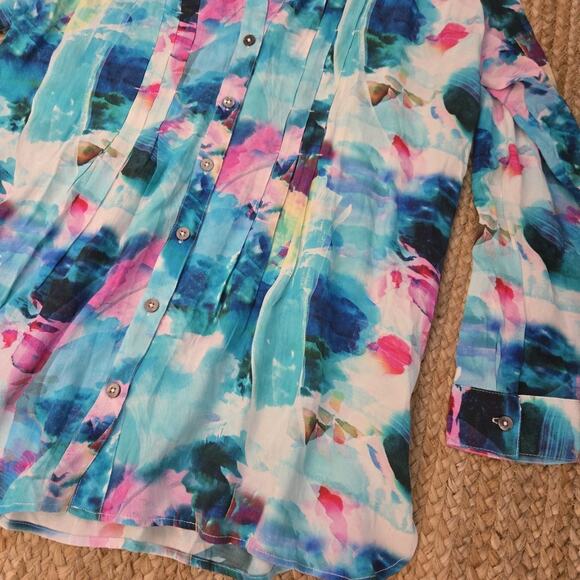 Soft Surroundings Ursa Aqua Modern Button Down Blouse Sz Medium - Picture 6 of 8